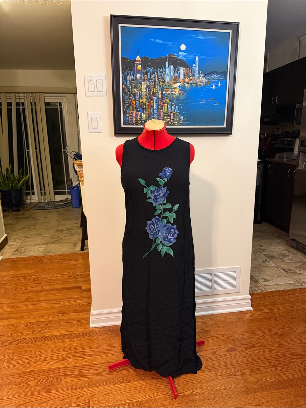 Black Sleeveless Maxi Dress with Blue Rose Motif